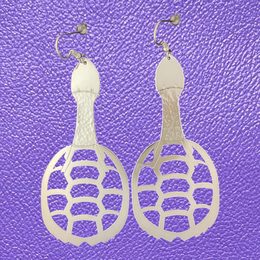 3 inch tall Haudenosaunee turtle shell rattle earrings - Standing Stone Silver