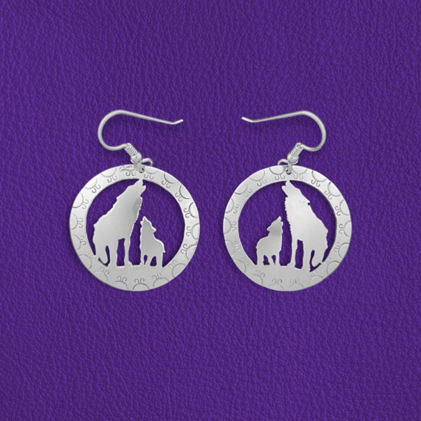 Wolf clan mom and pup sky dome stamp earrings - Standing Stone Silver